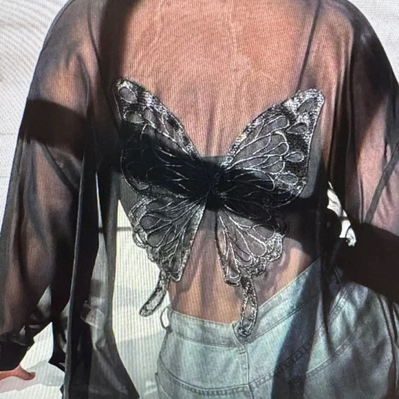 Black Sheer Butterfly Blouse 7XL - Picture 8 of 9